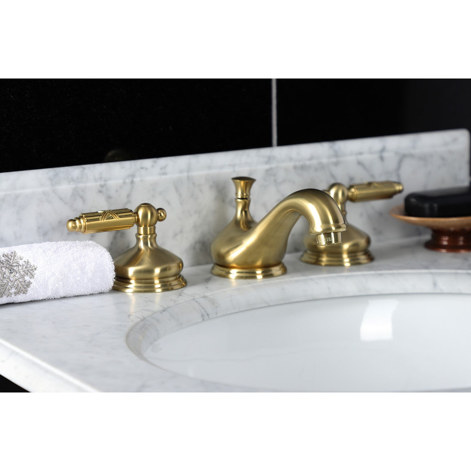 Kingston Tulare KS1167GL - Georgian Two-Handle 3-Hole Deck Mount Widespread Bathroom Faucet with Brass Pop-Up, Brushed Brass — thumbnail 3